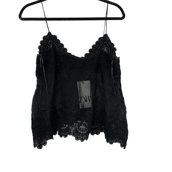 Zara Womens Camisole Top S Black Floral Embellished Beaded Sheer 6895/097 NWT - Picture 5 of 16